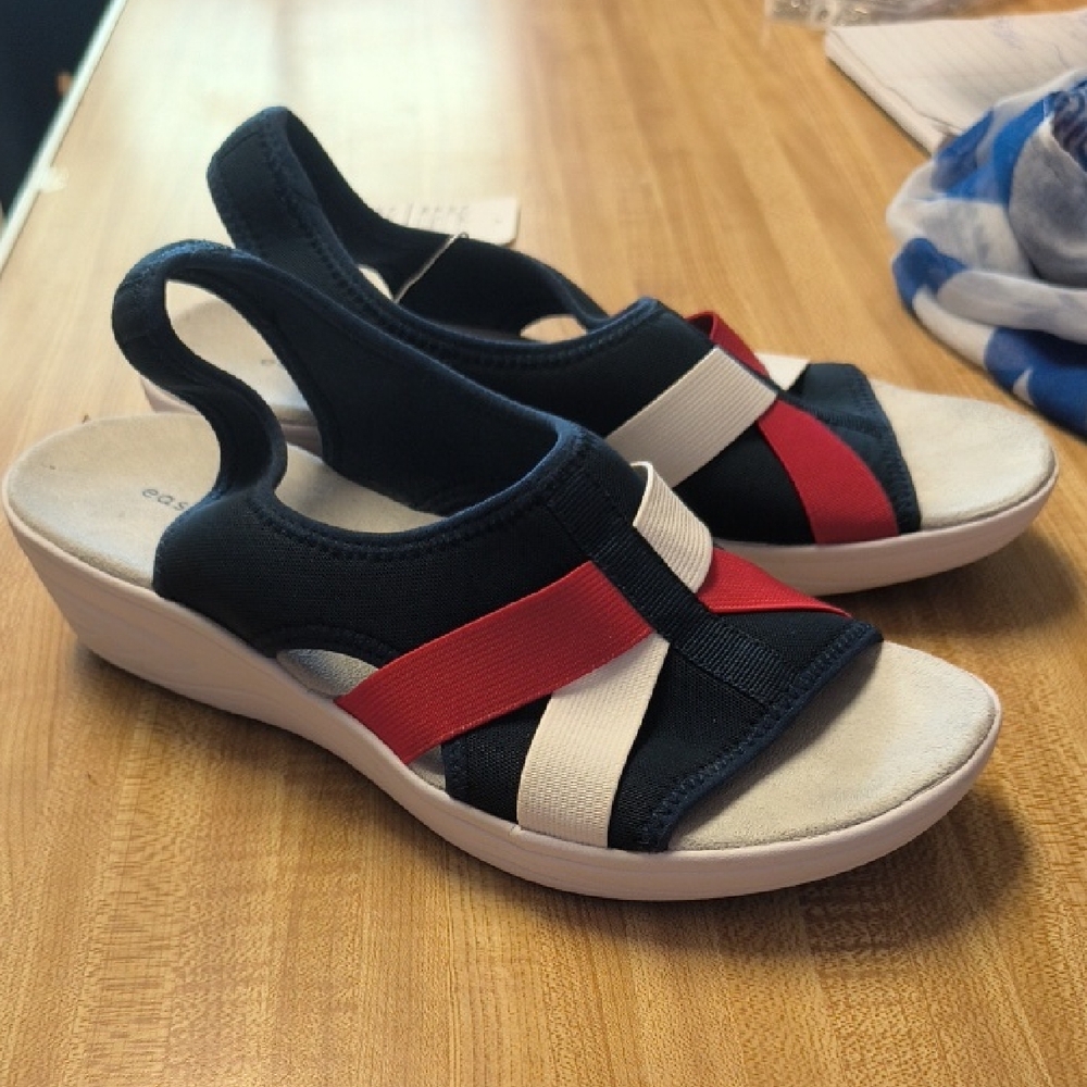 Easy Spirit Navy Slingback Sandals with Red and White Straps